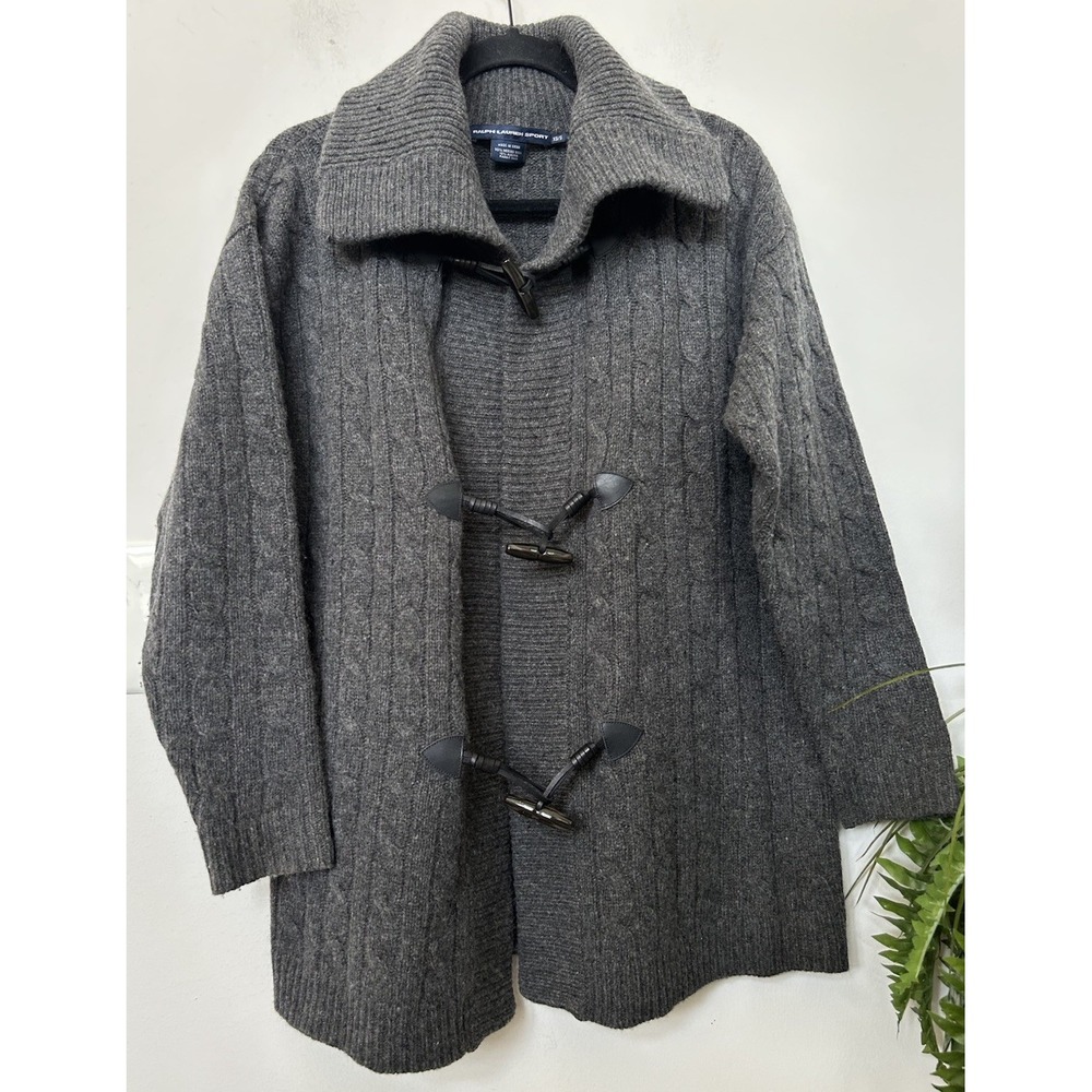 Ralph‎ Lauren Grey Oversize MerinoWool Angora Cable Knit Toggle Cardigan Sweater